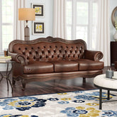 Wooden Handicraft Carved Genuine Leatherette Rolled Arm Sofa 3 Seater (Teak Wood, Dark Brown) - Wooden Twist UAE
